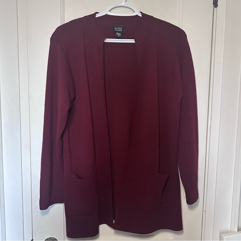 Eileen Fisher Fine Knit 100% Wool Open Front Cardigan with Pockets, Burgundy
